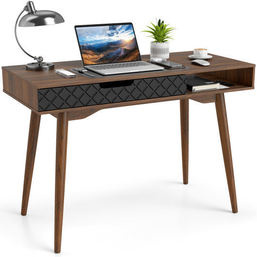 Mid-Century Modern Computer Desk with Drawer and Open Compartment-Brown LuxuryLifeWay Online Store