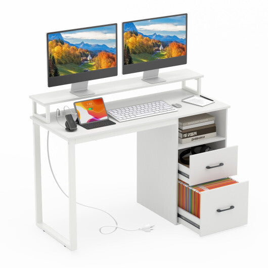 Modern Computer Desk with Power Outlets and File Drawer-White LuxuryLifeWay Online Store