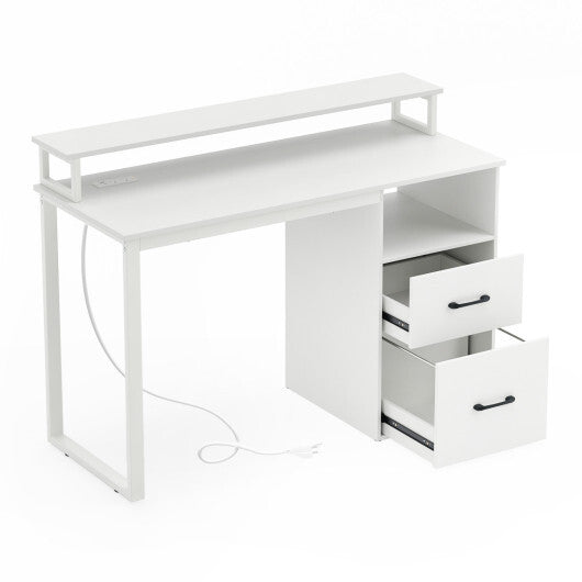 Modern Computer Desk with Power Outlets and File Drawer-White LuxuryLifeWay Online Store