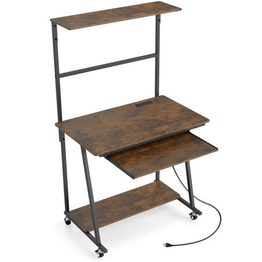 Small Computer Desk with Charging Station and LED Lights and Wheels-Rustic Brown LuxuryLifeWay Online Store