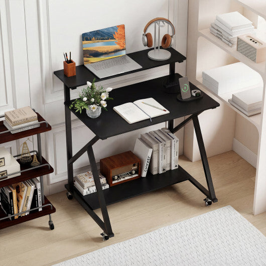 32 Inch Rolling Computer Desk for Small Spaces with Power Outlets-Black LuxuryLifeWay Online Store