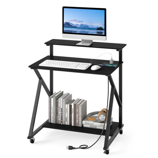 32 Inch Rolling Computer Desk for Small Spaces with Power Outlets-Black LuxuryLifeWay Online Store