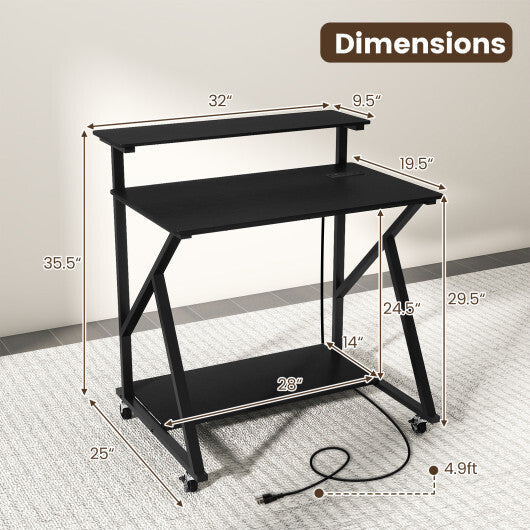 32 Inch Rolling Computer Desk for Small Spaces with Power Outlets-Black LuxuryLifeWay Online Store