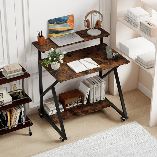 32 Inch Rolling Computer Desk for Small Spaces with Power Outlets-Black LuxuryLifeWay Online Store