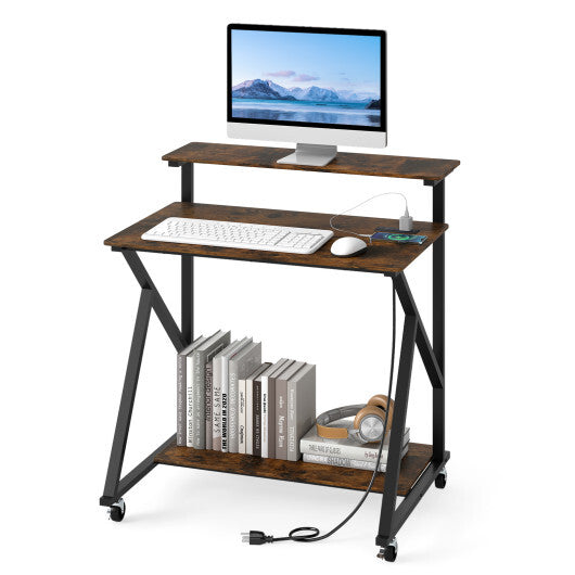 32 Inch Rolling Computer Desk for Small Spaces with Power Outlets-Black LuxuryLifeWay Online Store
