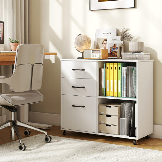 3-Drawer Mobile File Cabinet with Open Storage Shelves and Wheels for Letter A4 Size-White LuxuryLifeWay Online Store