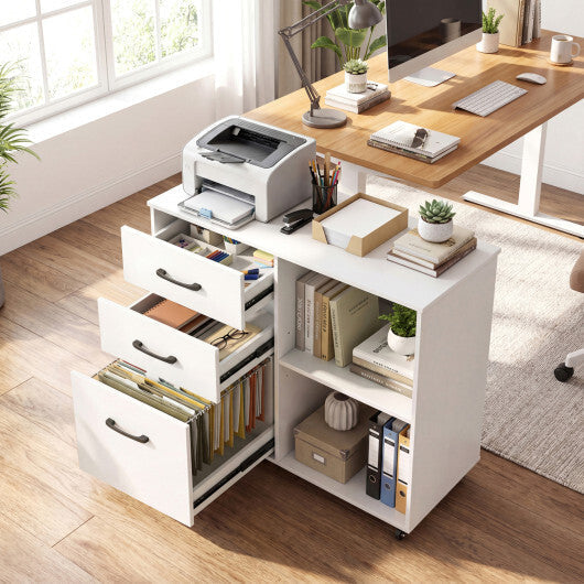 3-Drawer Mobile File Cabinet with Open Storage Shelves and Wheels for Letter A4 Size-White LuxuryLifeWay Online Store