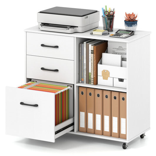 3-Drawer Mobile File Cabinet with Open Storage Shelves and Wheels for Letter A4 Size-White LuxuryLifeWay Online Store