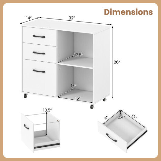 3-Drawer Mobile File Cabinet with Open Storage Shelves and Wheels for Letter A4 Size-White LuxuryLifeWay Online Store