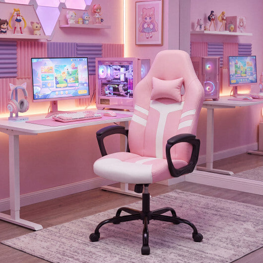 Faux Leather Upholstered Office Chair with Removable Head Pillow and Rocking Function-Pink LuxuryLifeWay Online Store