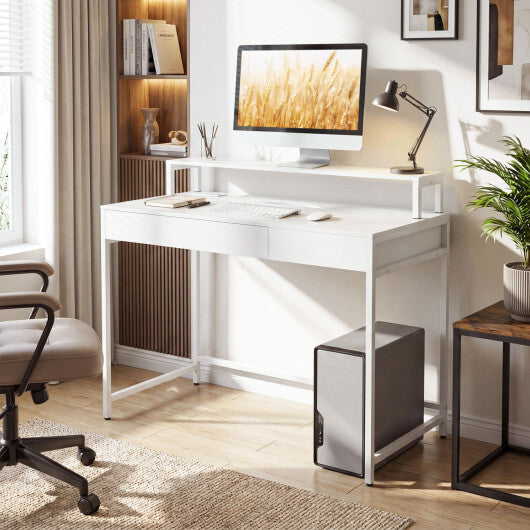 Compact Office Desk with Removable Monitor Shelf and Dual-use Drawer-White