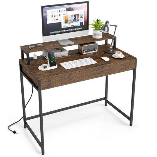 Compact Office Desk with Removable Monitor Shelf and Dual-use Drawer-White