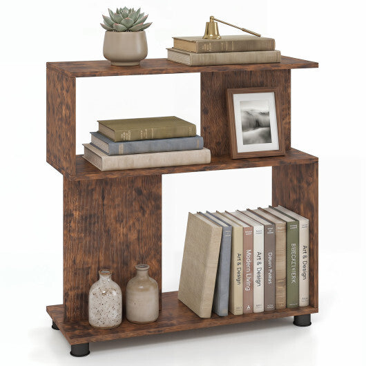 3-Tier Modern S-shaped Bookshelf with Adjustable Feet-Rustic Brown LuxuryLifeWay Online Store