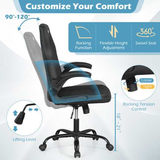 Leather Office Chair Ergonomic Computer Desk Chair with Flip-up Armrests-Black LuxuryLifeWay Online Store