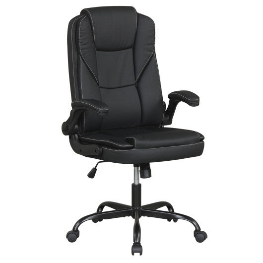 Leather Office Chair Ergonomic Computer Desk Chair with Flip-up Armrests Rocking Function-Black LuxuryLifeWay Online Store