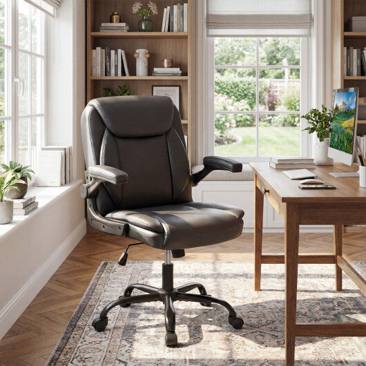 Ergonomic Leather Office Chair with Flip-up Armrests and Rocking Function-Black LuxuryLifeWay Online Store