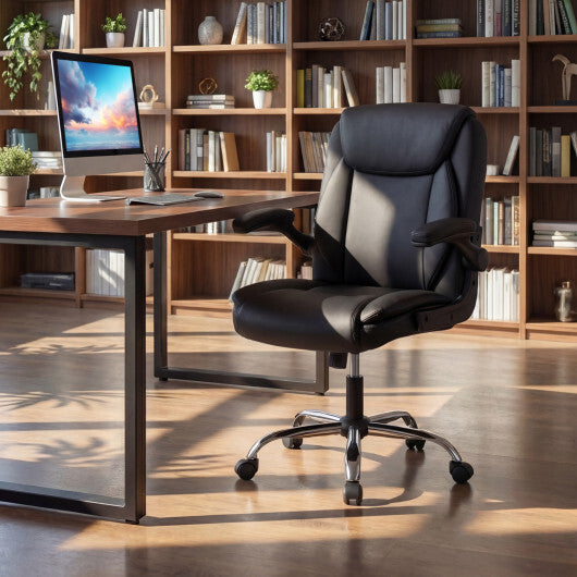 Ergonomic Leather Office Chair with Flip-up Armrests and Rocking Function-Black LuxuryLifeWay Online Store