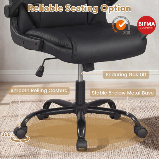 Ergonomic Leather Office Chair with Flip-up Armrests and Rocking Function-Black LuxuryLifeWay Online Store