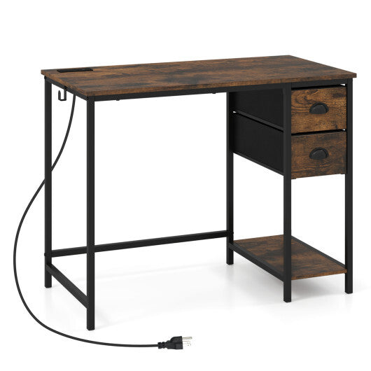 Computer Desk with Charging Station and 2 Fabric Drawers for Small Spaces-Rustic Brown LuxuryLifeWay Online Store