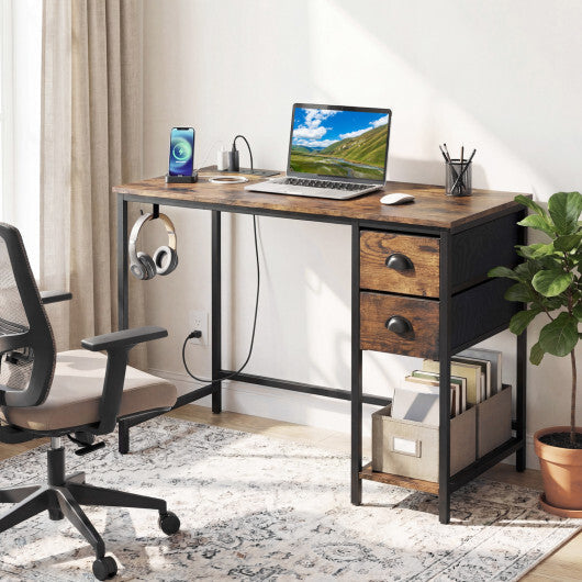 Computer Desk with Charging Station and 2 Fabric Drawers for Small Spaces-Rustic Brown LuxuryLifeWay Online Store