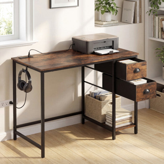 Computer Desk with Charging Station and 2 Fabric Drawers for Small Spaces-Rustic Brown LuxuryLifeWay Online Store