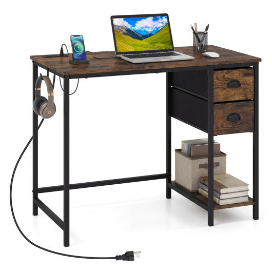 Computer Desk with Charging Station and 2 Fabric Drawers for Small Spaces-Rustic Brown LuxuryLifeWay Online Store