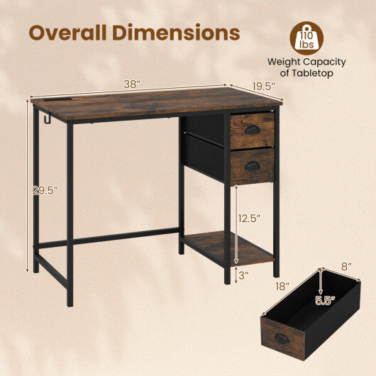 Computer Desk with Charging Station and 2 Fabric Drawers for Small Spaces-Rustic Brown LuxuryLifeWay Online Store