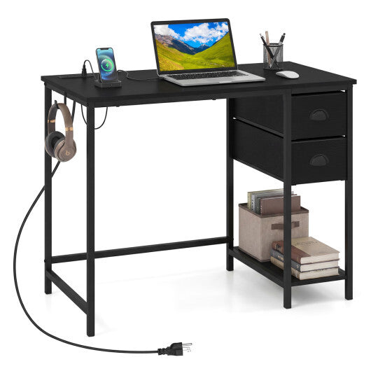 Computer Desk with Charging Station and 2 Fabric Drawers for Small Spaces-Rustic Brown LuxuryLifeWay Online Store