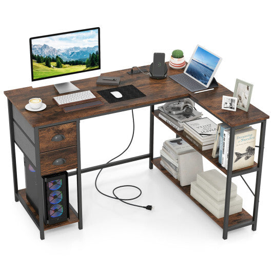 L Shaped Desk with Charging Station Corner Computer Desk with 2 Fabric Drawers-Rustic Brown LuxuryLifeWay Online Store