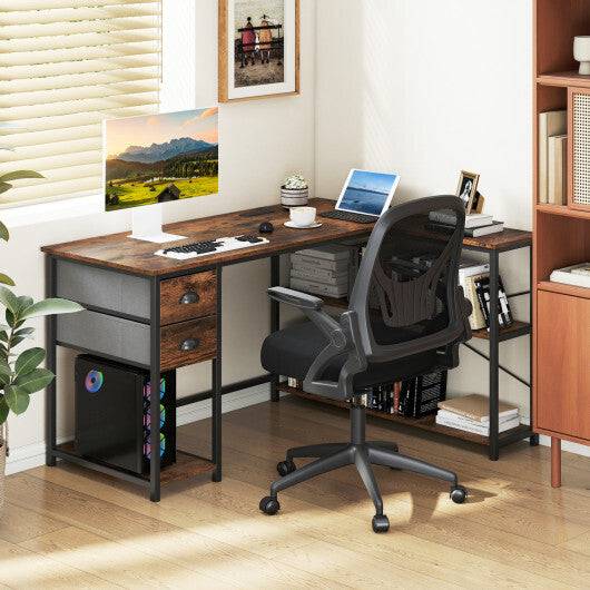 L Shaped Desk with Charging Station Corner Computer Desk with 2 Fabric Drawers-Rustic Brown LuxuryLifeWay Online Store
