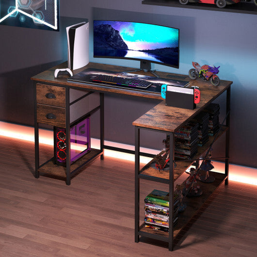 L Shaped Desk with Charging Station Corner Computer Desk with 2 Fabric Drawers-Rustic Brown LuxuryLifeWay Online Store