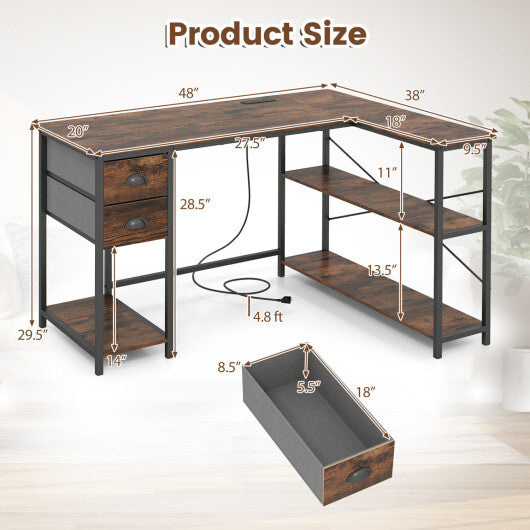 L Shaped Desk with Charging Station Corner Computer Desk with 2 Fabric Drawers-Rustic Brown LuxuryLifeWay Online Store