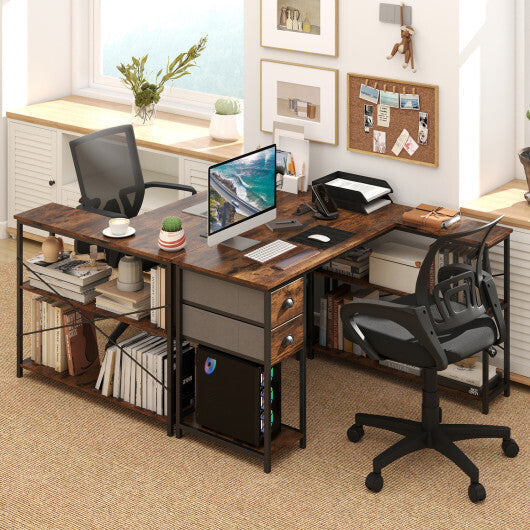 L Shaped Desk with Charging Station Corner Computer Desk with 2 Fabric Drawers-Rustic Brown LuxuryLifeWay Online Store