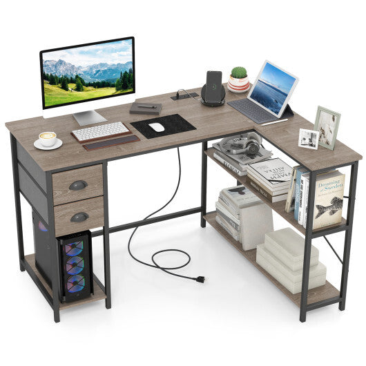 L Shaped Desk with Charging Station Corner Computer Desk with 2 Fabric Drawers-Rustic Brown LuxuryLifeWay Online Store