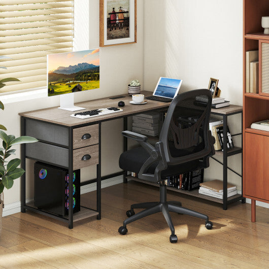 L Shaped Desk with Charging Station Corner Computer Desk with 2 Fabric Drawers-Rustic Brown LuxuryLifeWay Online Store