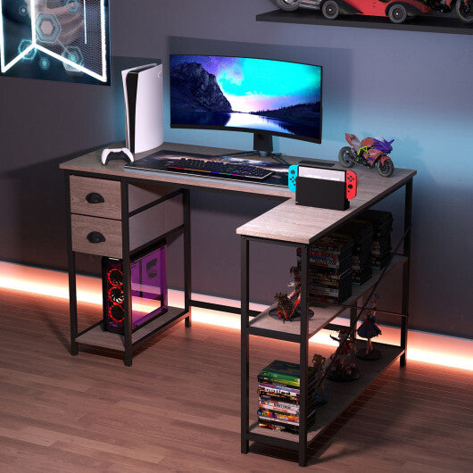 L Shaped Desk with Charging Station Corner Computer Desk with 2 Fabric Drawers-Rustic Brown LuxuryLifeWay Online Store
