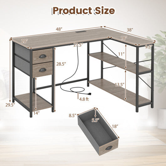 L Shaped Desk with Charging Station Corner Computer Desk with 2 Fabric Drawers-Rustic Brown LuxuryLifeWay Online Store