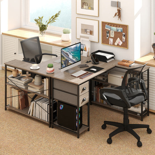 L Shaped Desk with Charging Station Corner Computer Desk with 2 Fabric Drawers-Rustic Brown LuxuryLifeWay Online Store