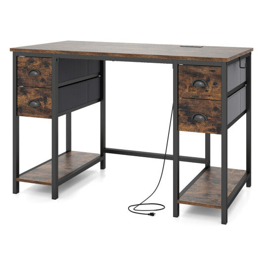 48 Inches Computer Desk with Power Outlet Home Office Desk with 4 Fabric Drawers-Brown LuxuryLifeWay Online Store