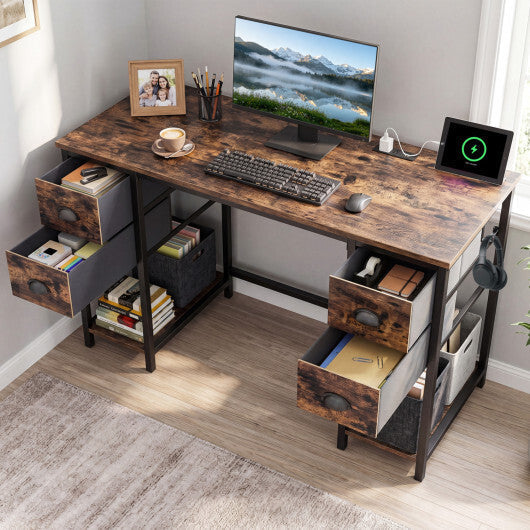 48 Inches Computer Desk with Power Outlet Home Office Desk with 4 Fabric Drawers-Brown LuxuryLifeWay Online Store