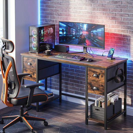 48 Inches Computer Desk with Power Outlet Home Office Desk with 4 Fabric Drawers-Brown LuxuryLifeWay Online Store