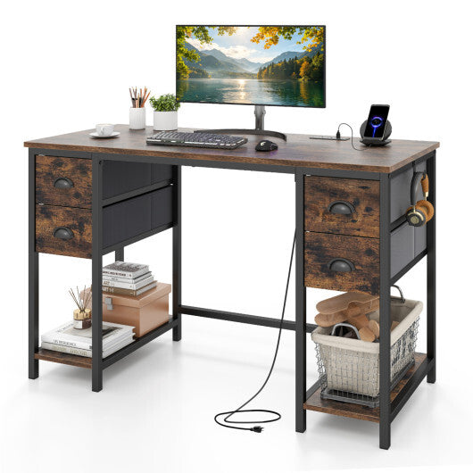 48 Inches Computer Desk with Power Outlet Home Office Desk with 4 Fabric Drawers-Brown LuxuryLifeWay Online Store