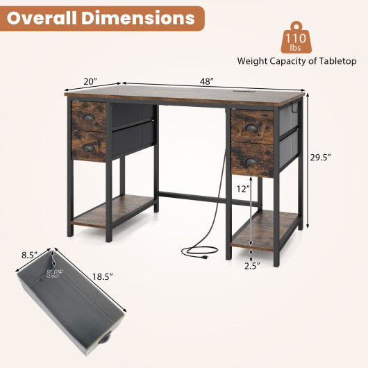 48 Inches Computer Desk with Power Outlet Home Office Desk with 4 Fabric Drawers-Brown LuxuryLifeWay Online Store