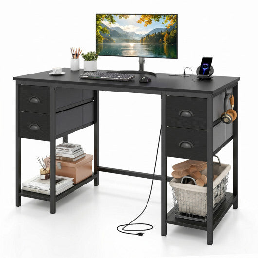 48 Inches Computer Desk with Power Outlet Home Office Desk with 4 Fabric Drawers-Brown LuxuryLifeWay Online Store