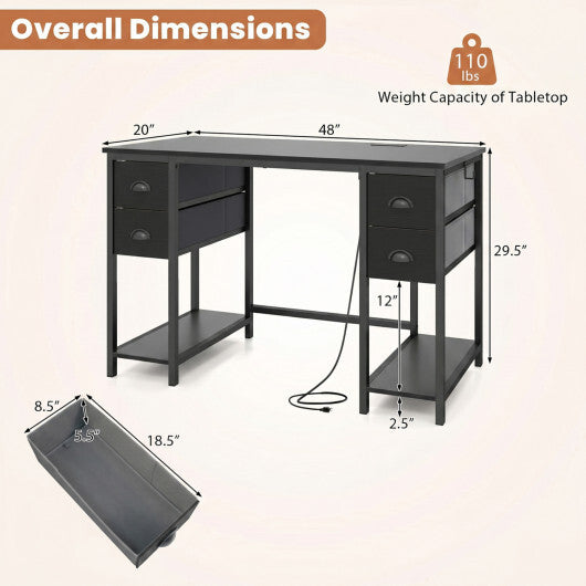 48 Inches Computer Desk with Power Outlet Home Office Desk with 4 Fabric Drawers-Brown LuxuryLifeWay Online Store