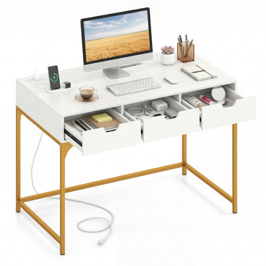 Office Desk with Power Outlets and Hidden Compartment for Study-White LuxuryLifeWay Online Store