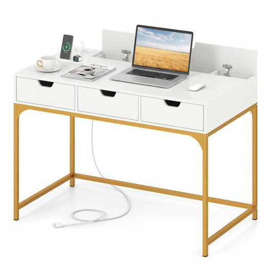 Office Desk with Power Outlets and Hidden Compartment for Study-White LuxuryLifeWay Online Store