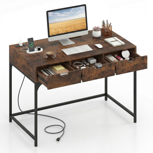 Office Desk with Power Outlets and Hidden Compartment for Study-White LuxuryLifeWay Online Store