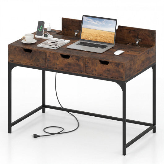 Office Desk with Power Outlets and Hidden Compartment for Study-White LuxuryLifeWay Online Store