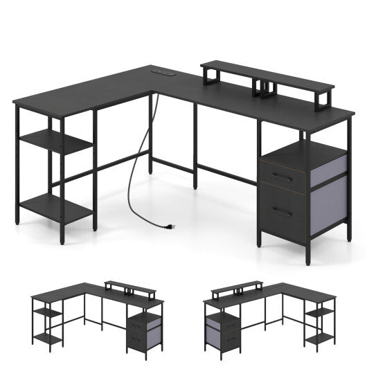 L Shaped Desk with Power Outlet Reversible Computer Desk with Monitor Stands-Black LuxuryLifeWay Online Store
